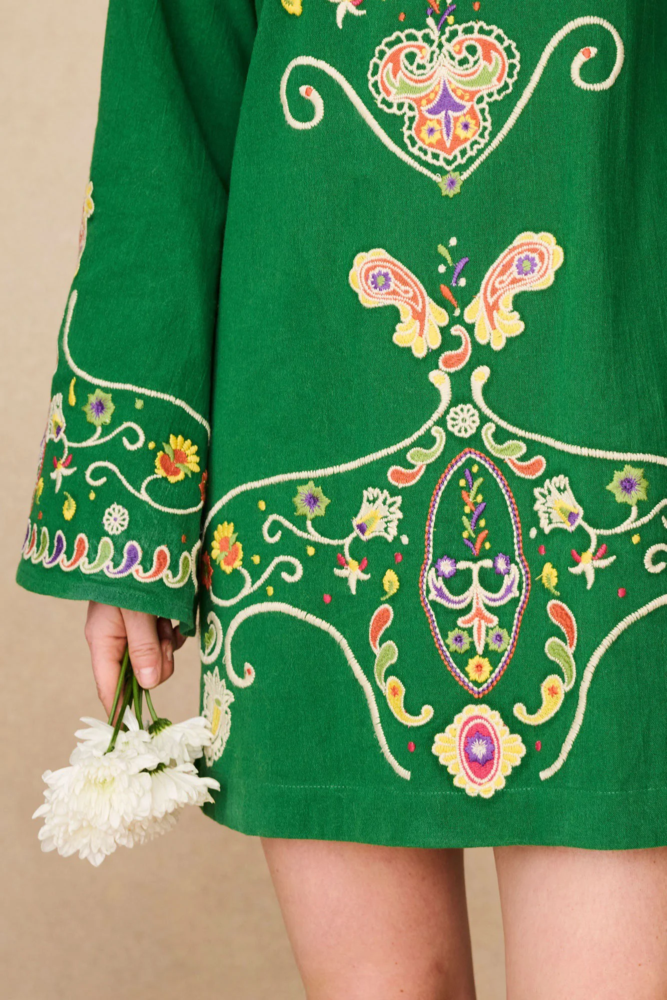 Willow Green Folk Embroidered Mini Dress - Image 4