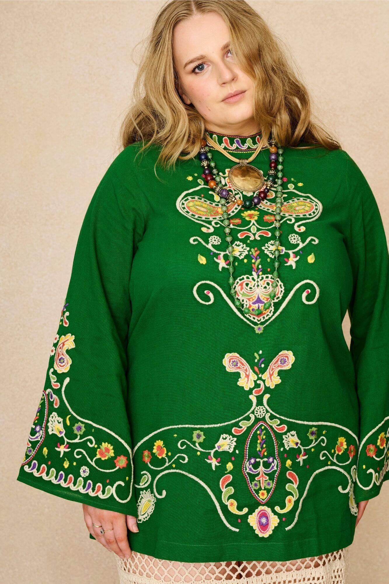 Willow Green Folk Embroidered Mini Dress - Image 6