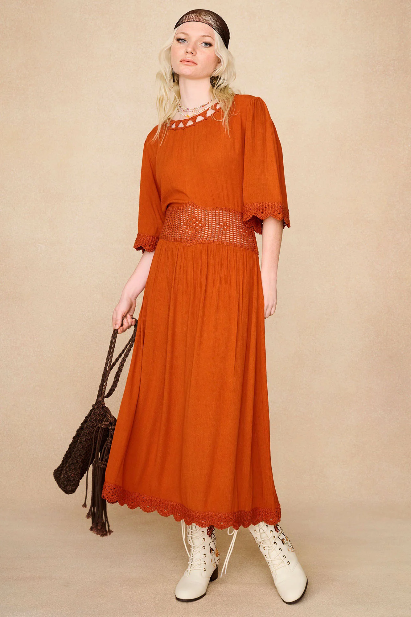 Sunspell Orange Crochet Trim Midi Dress - Image 3