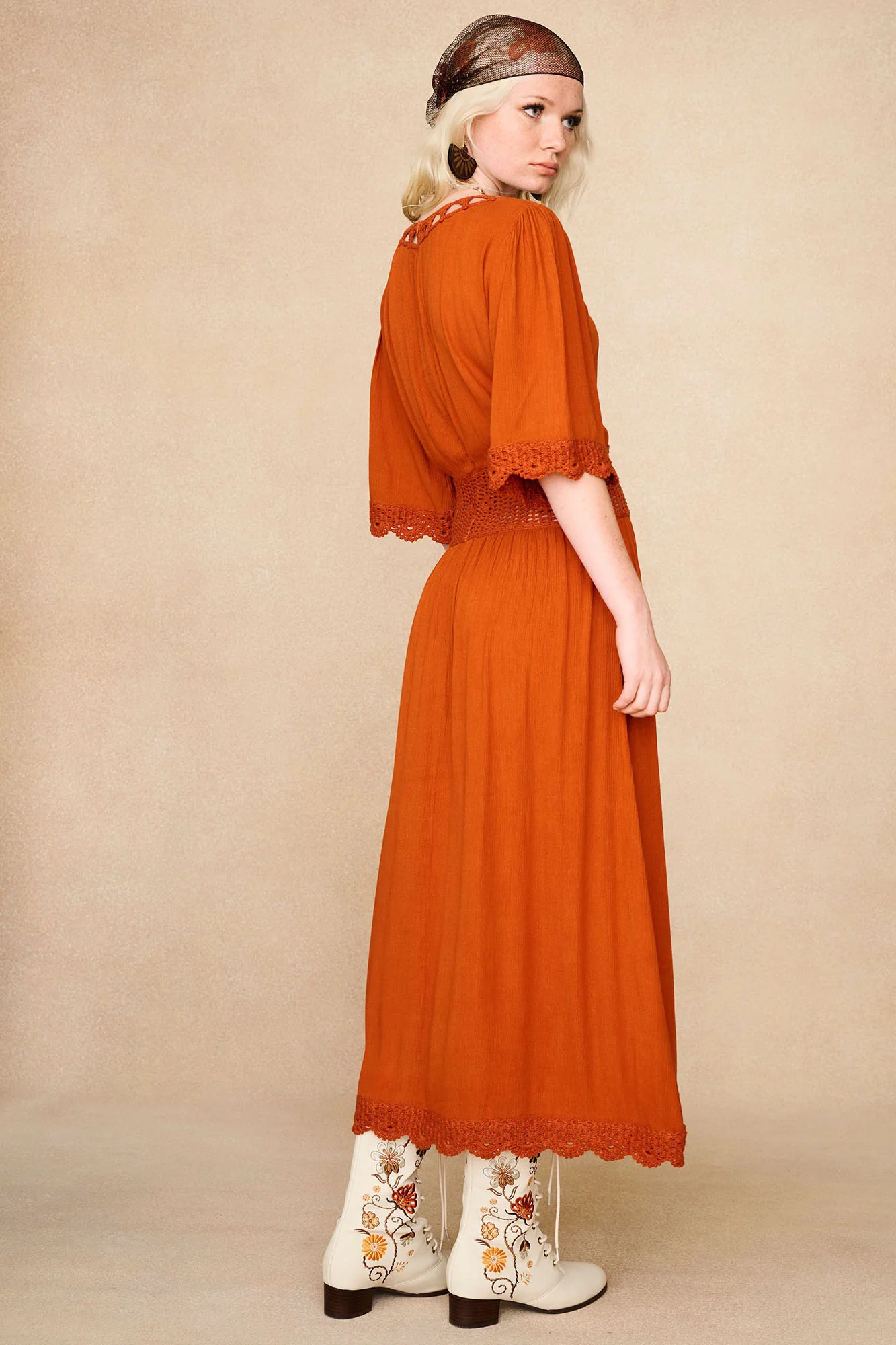 Sunspell Orange Crochet Trim Midi Dress - Image 5