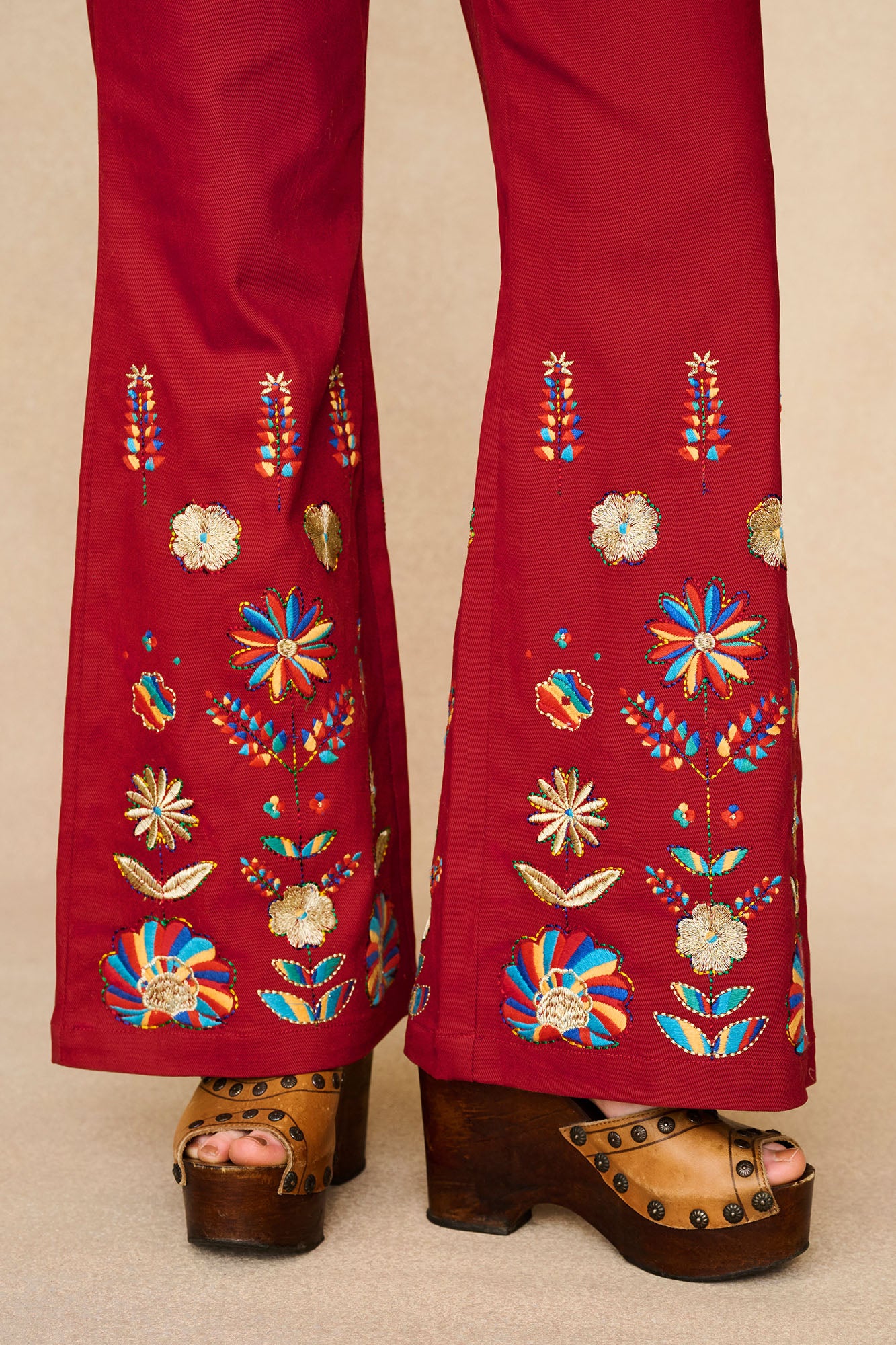 Crimson Echo Red Embroidered Flared Trousers - Image 3
