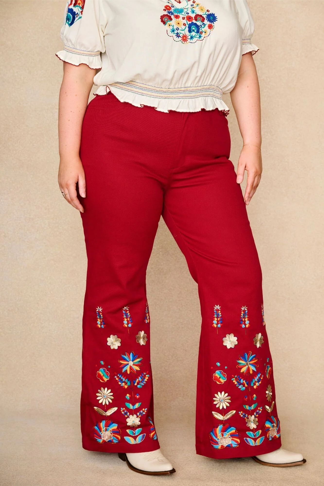 Crimson Echo Red Embroidered Flared Trousers - Image 6