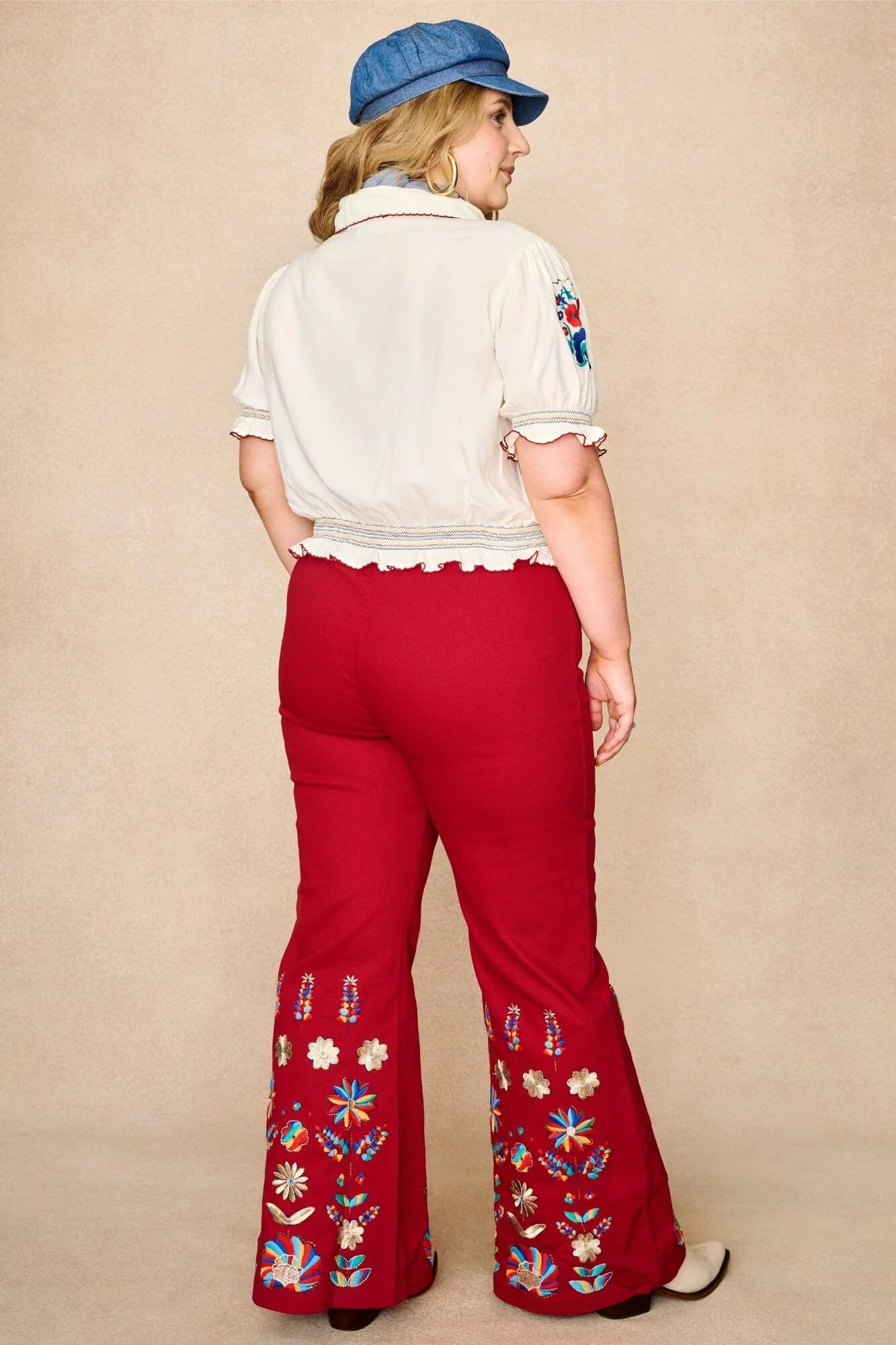 Crimson Echo Red Embroidered Flared Trousers - Image 7