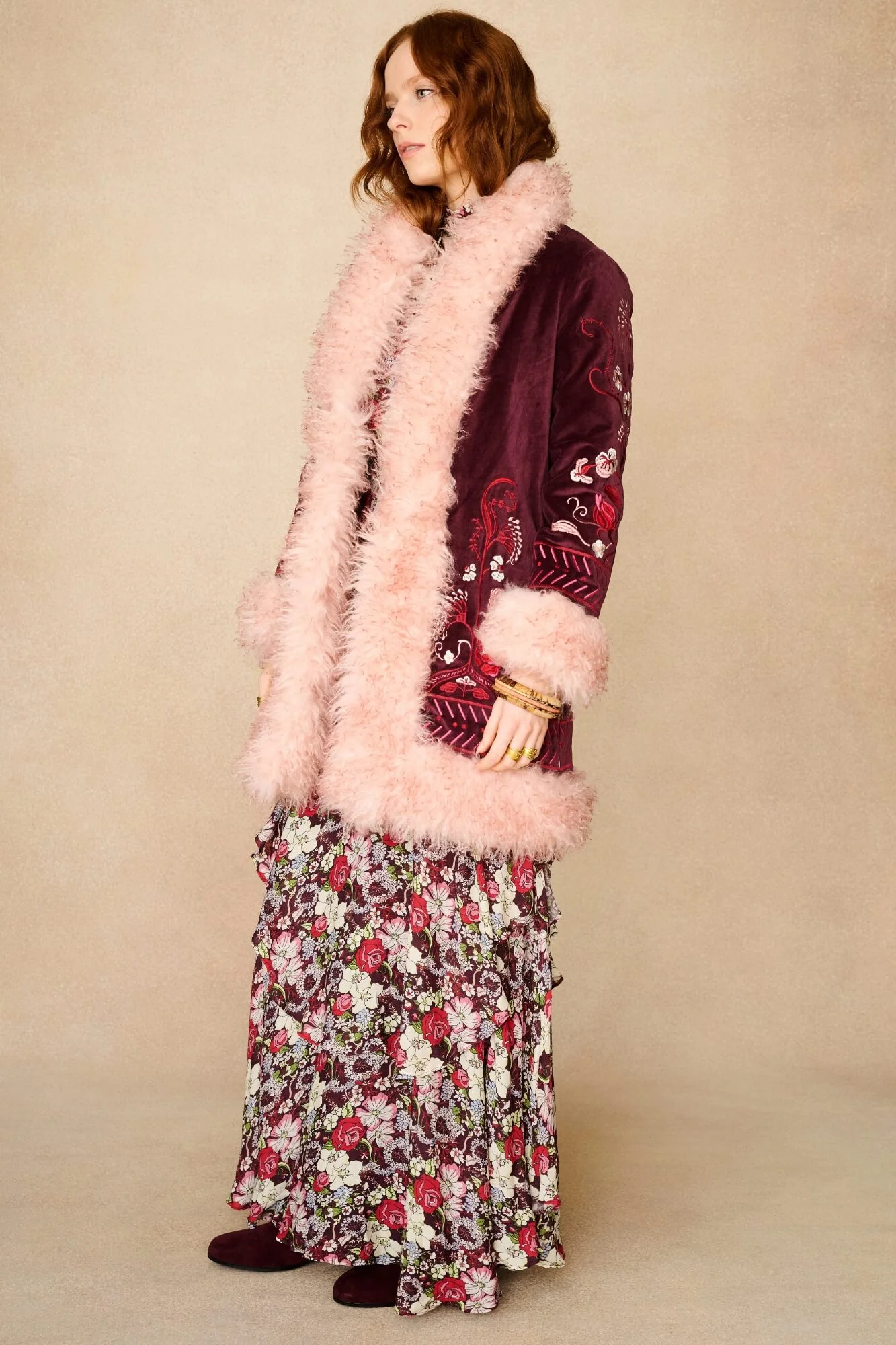 Rosewood Burgundy Embroidered Velvet Penny Lane Coat - Image 6